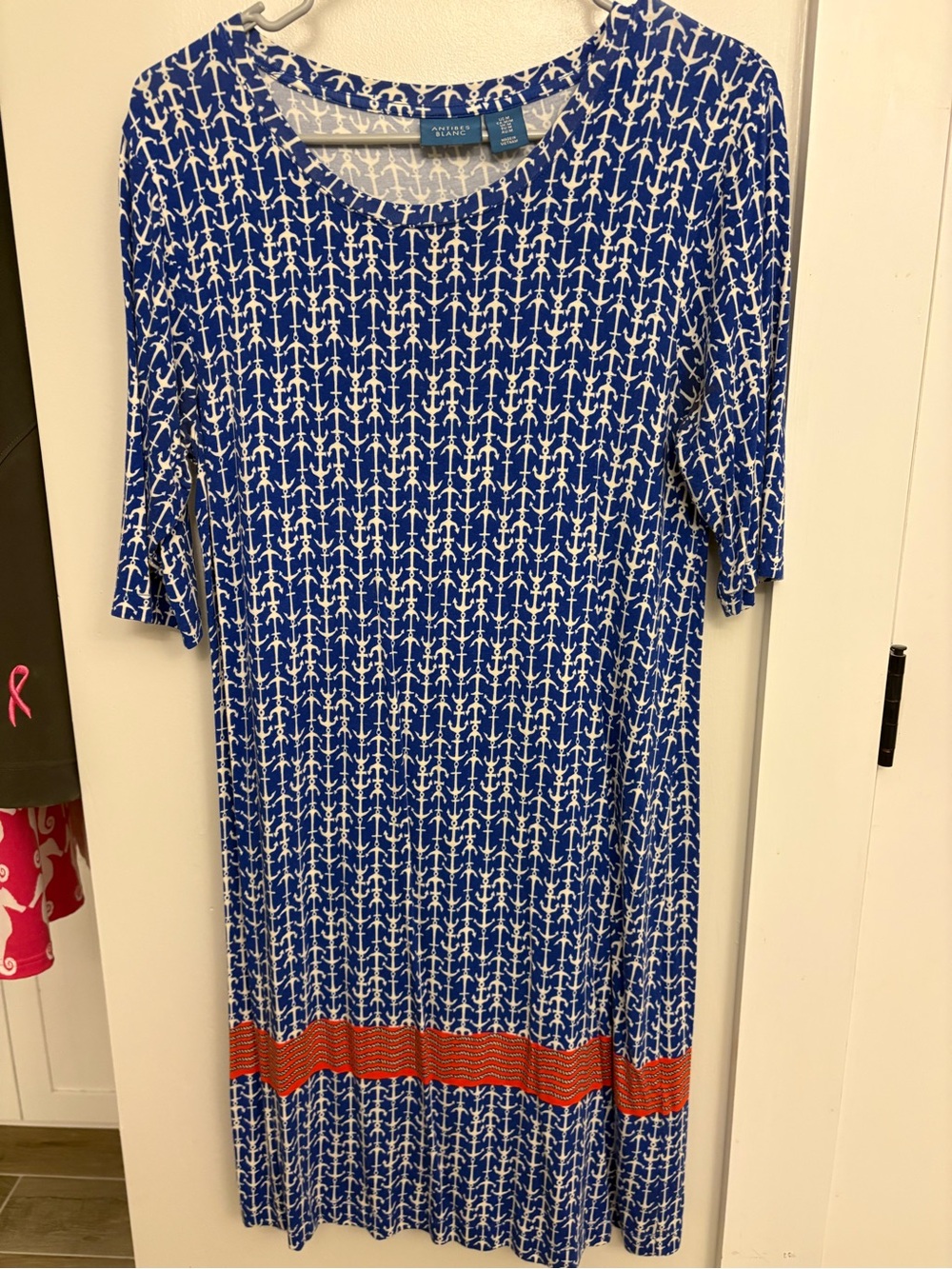 Anchor-Print Shift Dress with Orange Band - Blue